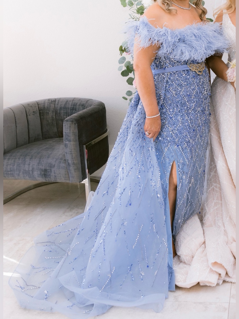 Off-Shoulder Beaded Light Blue Evening Skirt Inspired By Labour Joisie